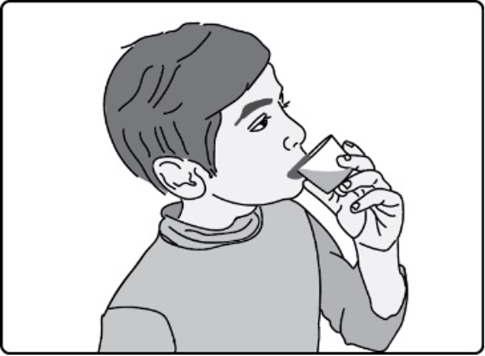 Graphic showing how to use a dosing cup with GOMEKLI® (mirdametinib)