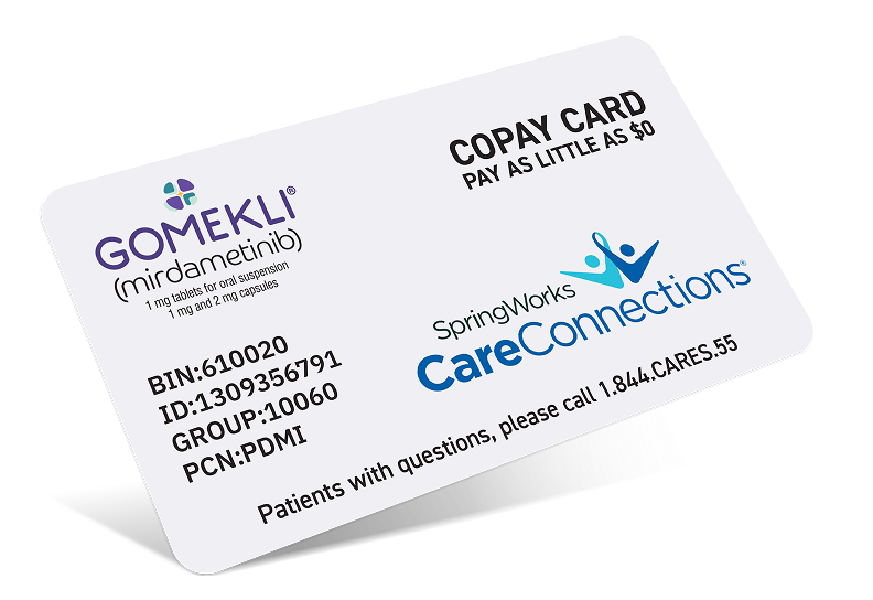 SpringWorks CareConnections® copay card for GOMEKLI® (mirdametinib).