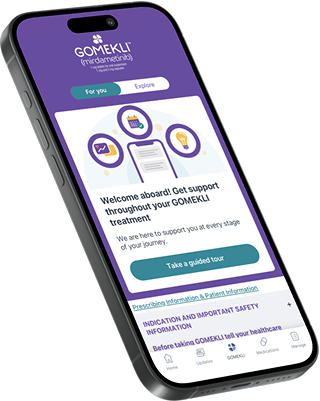 Graphic of a phone displaying the GOMEKLI® (mirdametinib) Digital Companion app