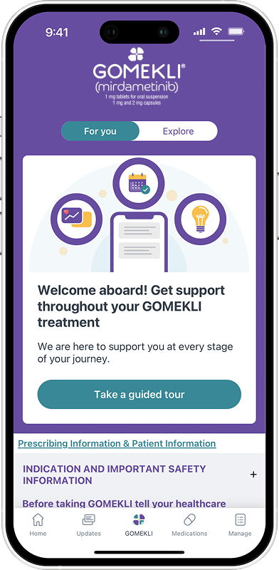 Graphic of a phone displaying the GOMEKLI® (mirdametinib) Digital Companion app